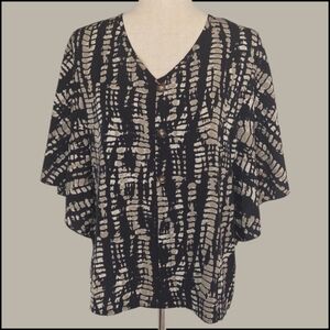 NWOT Black & Tan Animal Print Blouse – V-Neck, Butterfly Sleeves, Size M